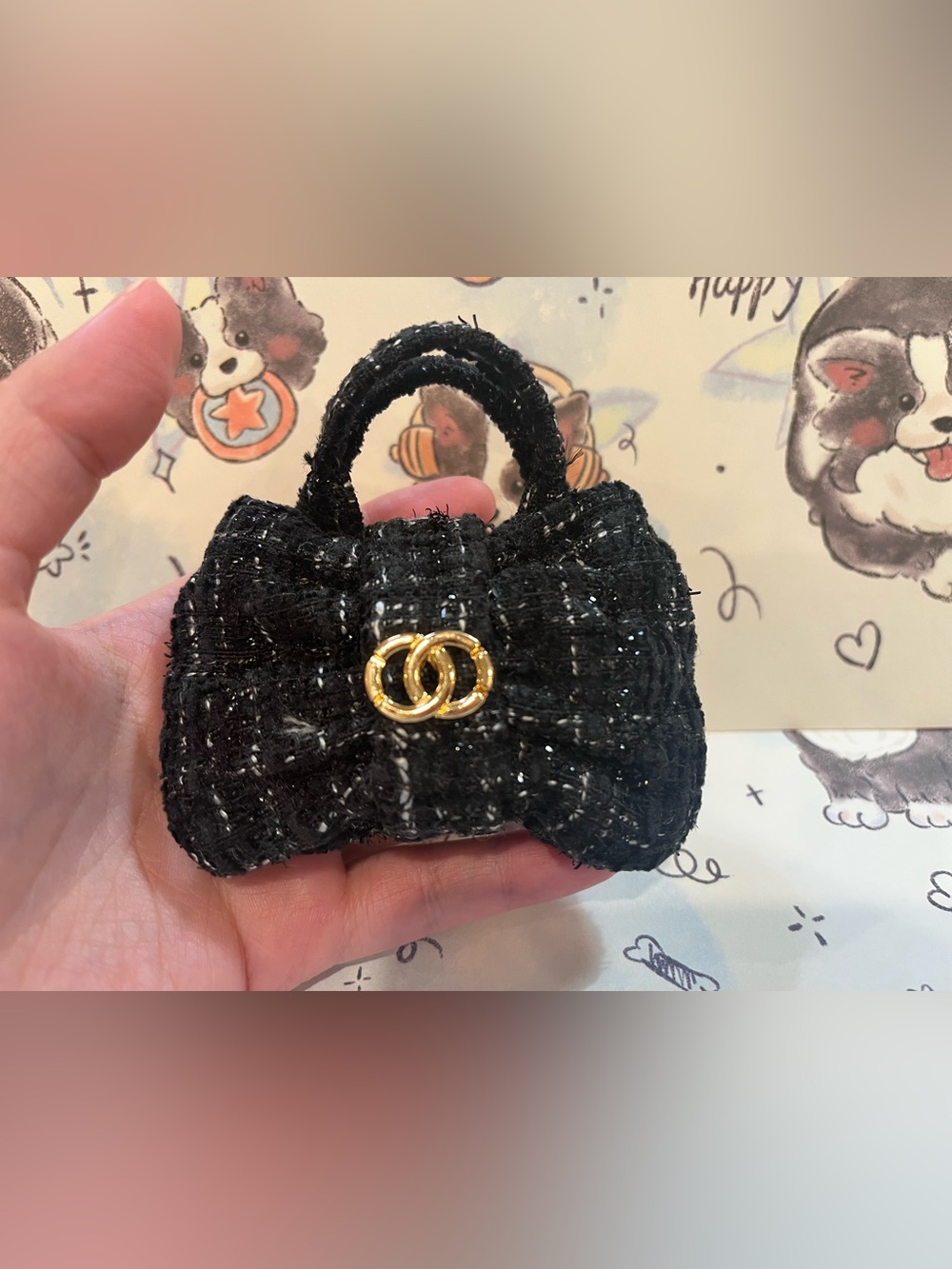 Black Tweed Bow Mini Handbag Charm